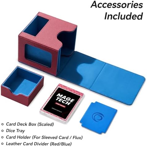 Card Deck Box for MTG Commander - Patented Design, Commander Display, Fits 100 Double-Sleeved Cards, 35pt Card Brick & Dice Tray - Red/Blue