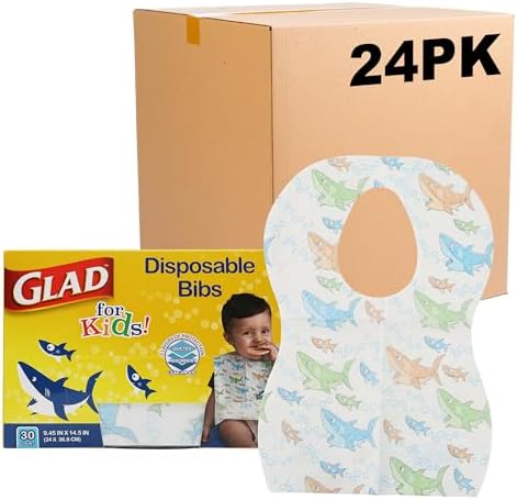 Glad for Kids Shark Paper Disposable Bibs with Crumb Catcher for Feeding - Absorbent and Leakproof Eating and Travel Must Haves for Mess-Free Meals, 30 Count - 24 Pack