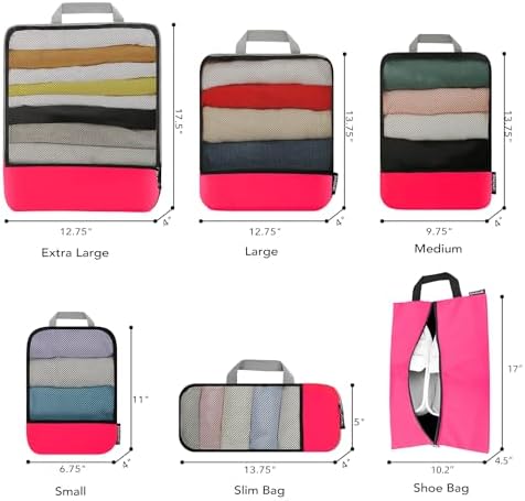BAGAIL 4 Set/6 Set/8 Set Compression Packing Cubes Travel Accessories Expandable Packing Organizers (Half Mesh, 6-Fuchsia)