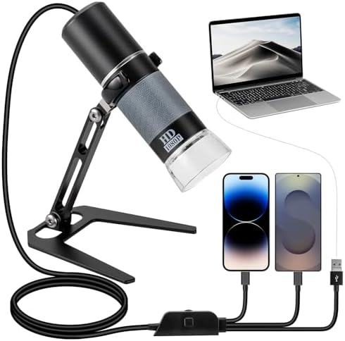 1080P USB Microscope with Metal Stand, 50X-1000X Handheld Digital Microscope Camera Compatible with iPhone/Android/Windows/Mac
