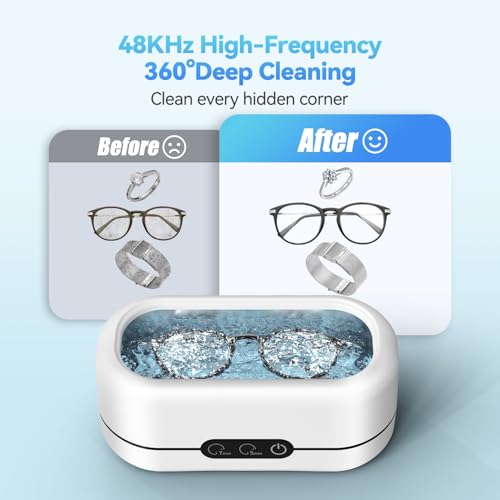 Ultrasonic Jewelry Cleaner, 48KHz Ultrasonic Cleaner Machine for Jewelry, Eyeglasses, Rings, Watch Strap, Dentures- Dual Cleaning Modes, 304 Stainless Steel Tank