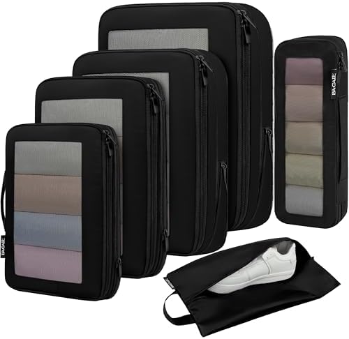 BAGAIL 4 Set/6 Set/8 Set Compression Packing Cubes Travel Accessories Expandable Packing Organizers (Square Mesh, 05-Black)