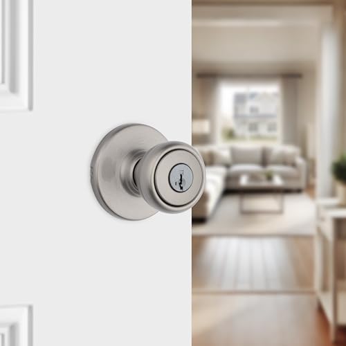 Kwikset Tylo Entry Door Knob with Lock and Key, Secure Keyed Handle Exterior, Front Entrance and Bedroom, Satin Nickel, Pick Resistant SmartKey Rekey Security and Microban