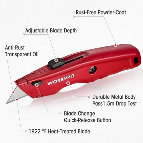 WORKPRO Premium Utility Knife, Retractable All Metal Heavy Duty Box Cutter, Quick Change Blade Razor Knife, 3PCS with 10 Extra Blades