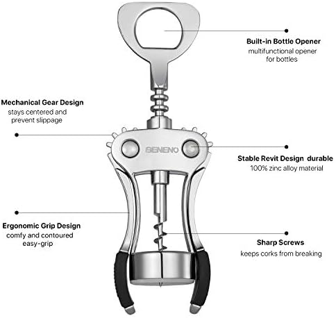 Beneno Wine Opener with Stainless Steel Wine Foil Cutter - Bottle Top Seal Cutter, Zinc Alloy Premium Wing Corkscrew with Multifunctional Bottles Opener, Upgrade