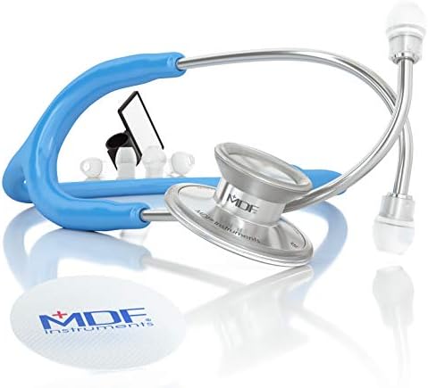 MDF Instruments, Acoustica Lightweight Stethoscope for Doctors, Nurses, Students, Home Health Use, Adult, Dual Head, Bright Blue Tube, Silver Chestpiece-Headset, MDF747XP14