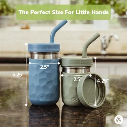 WeeSprout 2-in-1 Drinking Cups for Kids, Durable Stainless Steel Tumbler for Smoothies, Silicone Straws with Stoppers, Premium Plastic Twist Lids, Easy-Grip Sleeves, Set of 4 Dishwasher Safe Kid Cups