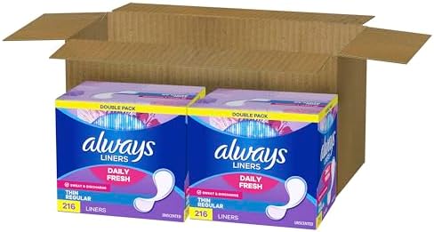 Always Daily Fresh Thin Liners, Regular Absorbency, Unscented Panty Liners, 432 Count (2 Packs of 216)