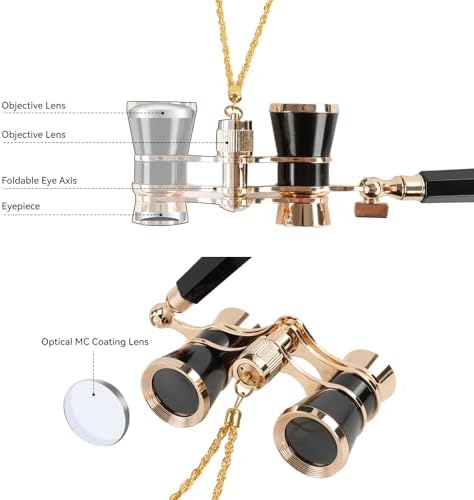 3X25 Opera Glasses for Women with Adjustable Handle & Chain,BK7 Optical Lens, Vintage Compact Mini Theater Binoculars Adults Kids in Opera Musical Concert-Black