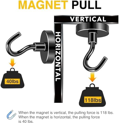 DIYMAG Black Magnetic Hooks, 118 LB Heavy Duty Strong Magnets with Hooks, Strong Rare Earth Neodymium Magnet Magnetic Hooks for Cruise Cabins Cruise Ship Essentials 8 Packs