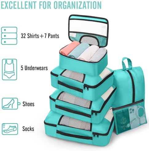 Veken 8 Set Packing Cubes for Kids & Toddler, Airplane Travel Essentials, Beach Vacation & Road Trip Suitcase Organizer Bags Set for Luggage, with Hanging Toiletry & Shoe Bag