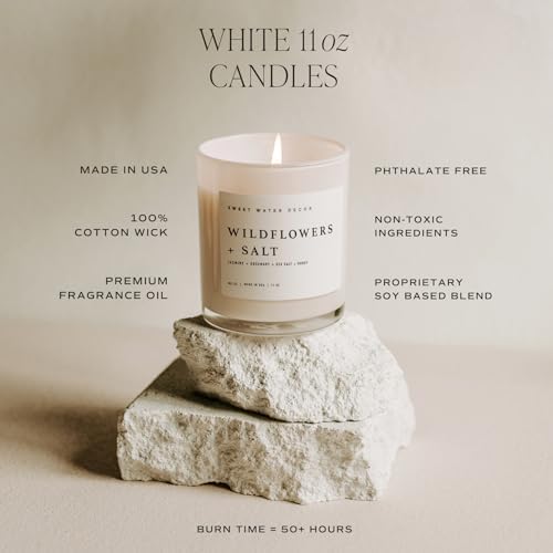 Sweet Water Decor Salt and Sea Candle - Sea Salt, Citrus, Amber, Musk, Beach Scented Soy Candles for Home - 11oz White Glass Jar + Wood Lid, 50+ Hour Burn Time, Made in the USA
