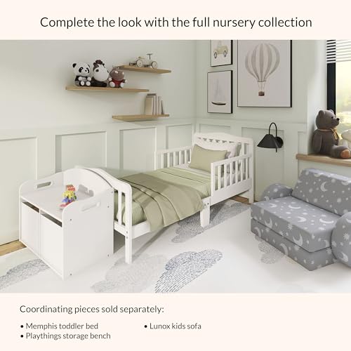 Dream On Me Classic Design Toddler Bed In White, Greenguard Gold And JPMA Certified, Low To Floor Design, Two Side Safety rails, Non-Toxic Finishes, Wooden Nursery Furniture
