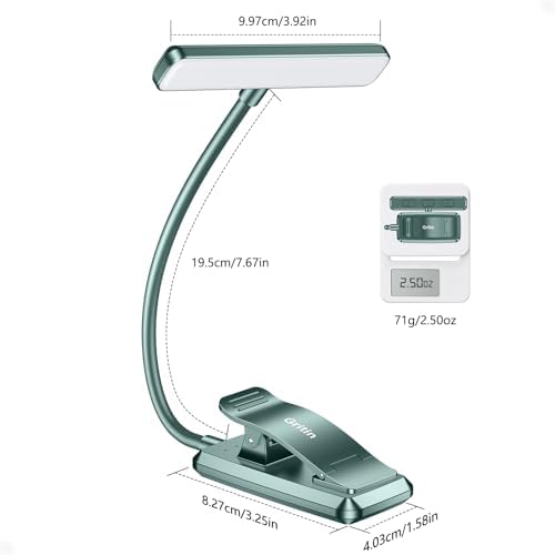 Gritin 19 LED Rechargeable Book Light for Reading in Bed with Memory Function- Eye Caring 3 Color Temperatures,Stepless Dimming Brightness,80 Hrs Runtime Clip on Light for Book Lovers-Blackish Green