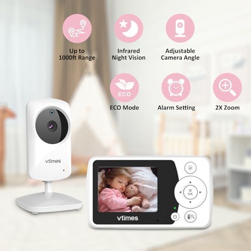 Baby Monitor with Camera and Audio, Video Baby Monitor No WiFi Night Vision 2.4" LCD Screen Portable Baby Camera Monitor Alarm Lullaby Temperature Sensor and 1000ft, Ideal for Baby/Elderly/Pet