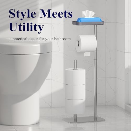 Kitsure Toilet Paper Holder Free Standing – Rustproof Metal Toilet Paper Stand for 4 Rolls with Anti-Slip Base and Shelf for Phone & Small Items, Bathroom Organizers and Storage, Large, Silver