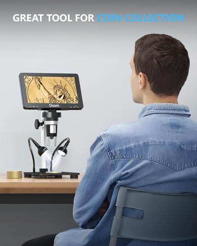 7'' Digital Microscope 1200X, 12MP 1080P Photo/Video Microscope for Adults Soldering Coins,Metal Stand,Wired Remote,10 LED Fill Lights,PC View,Windows/Mac - Black
