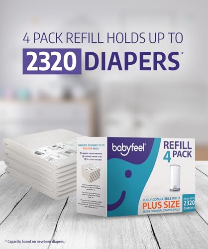 Babyfeel Refills Compatible with DEKOR PLUS Diaper Pails | 4 Pack | Exclusive 30% Extra Thickness | Diaper Pail Refills with Powerful Odor Elimination | Fresh Powder Scent | Holds up to 2320 Diapers