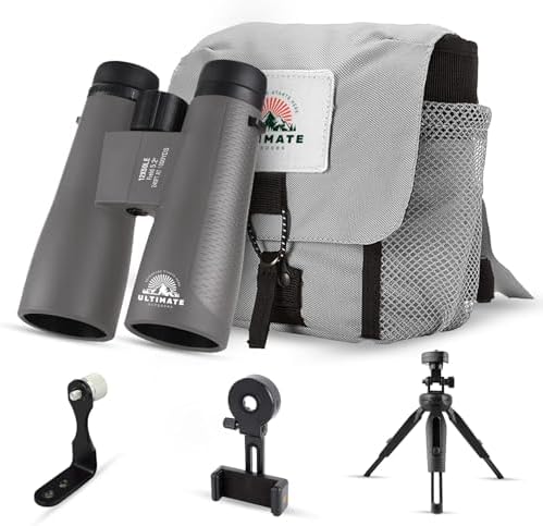 12x50 HD Binoculars for Adults – Powerful Waterproof Binoculars with Phone Adapter & Tripod Mount | BaK-4 Prism for Bird Watching, Hunting, Stargazing, Travel & Cruise - Grey