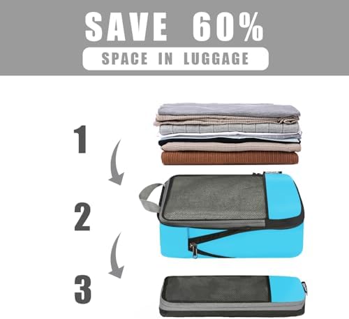 BAGAIL 4 Set/6 Set/8 Set Compression Packing Cubes Travel Accessories Expandable Packing Organizers (Half Mesh, 6-Blue)