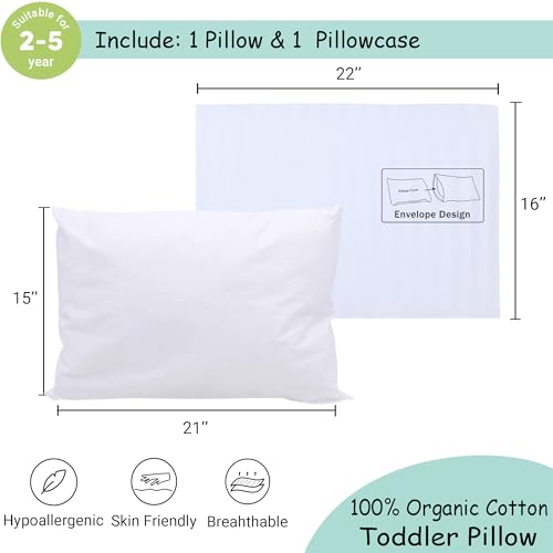 ZPECC Toddler Pillow with Pillowcase - 16x22 Organic Cotton Hypoallergenic Kids Pillow, Baby Essentials for Travel Crib Daycare Stroller (Intended for Age 2 and up) White Stripe