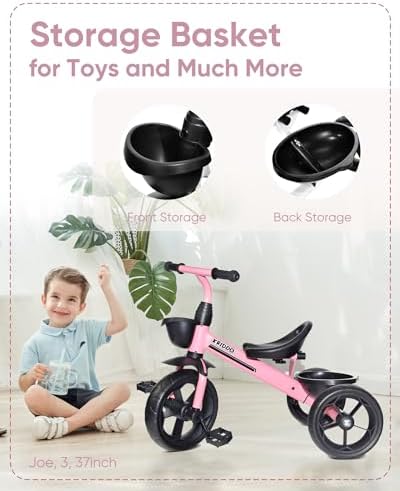 KRIDDO Kids Tricycles Age 24 Month to 4 Years, Toddler Kids Trike for 2.5 to 5 Year Old, Gift Toddler Tricycles for 2-4 Year Olds, Trikes for Toddlers, Sporty Styling, Pink