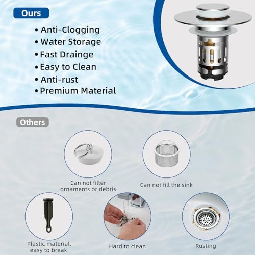 Hibbent 2 Pack 3 in 1 Bathroom Sink Drain Strainer, Universal Pop Up Stopper with Removable Stainless Steel Filter Basket Hair Catcher, Sink Plug for 1.1''~2.36'' Basin, Brass Bullet Core, Chrome