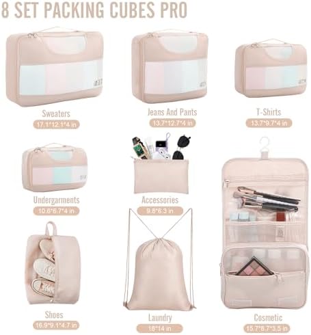 Veken 8 Set Packing Cubes for Travel, Beach Vacation Essentials Accessories for Cruise Ship, Suitcase Organizer Bags for Luggage with Hanging Toiletry & Shoe Bag, Birthday Gifts for Women Mom Her
