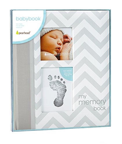 Pearhead First 5 Years Chevron Baby Memory Book, Clean-Touch Safe Ink Pad for Baby’s Handprint or Footprint, Gender Neutral Milestone And Pregnancy Gray
