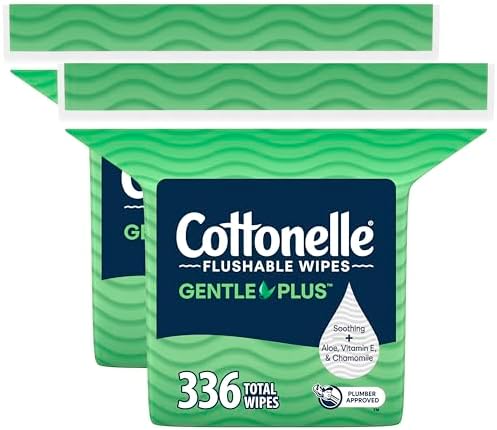 Cottonelle GentlePlus Flushable Wet Wipes with Aloe & Vitamin E, 2 Refill Packs, 168 Wipes Per Pack (336 Total), Packaging May Vary