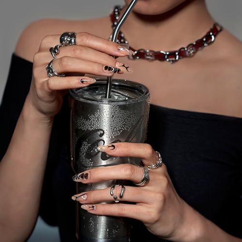 BTArtbox Press On Nails Almond - 3D Design Black Medium Press On Nails with Glue for Women, Opaque Soft Gel Glue On Nails in 15 Sizes - 30 Stick On Nails Kit, Gothic Chains