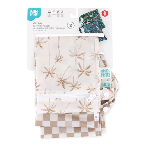 Bumkins Waterproof Wet Bag for Baby, Travel, Swim Suit, Cloth Diapers, Pump Parts, Pool, Beach, Gym Clothes, Toiletry, Hook to Stroller, Daycare, Zip Reusable Wetdry Pack, 2-pk Palm Trees, Beige Check