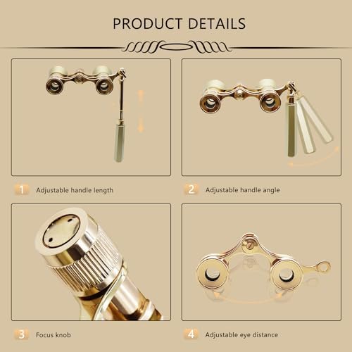 BLACKICE Theater Binoculars, Opera Glasses for Women, 3X25 Mini Binocular Compact with Adjustable Handle for Adults Kids in Concert Theater Opera (Golden with Handle)