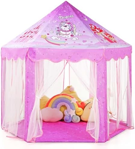 Monobeach Princess Tent Girls Unicorn Large Playhouse Kids Castle Play Tent with Star Lights Gift Toy for Children Indoor and Outdoor Games, 55'' x 53'' (DxH)