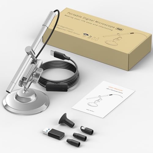 Teslong USB-C Digital Microscope, 10X to 200X Magnification Portable Camera with 8 LED Lights, Handheld Rotating Metal Stand for Coin, Electronic, Compatible with iPhone 15+ and Android Devices