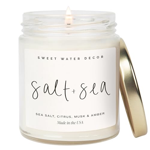 Sweet Water Decor Salt and Sea Candle - Sea Salt, Citrus, Amber, Musk, Beach Scented Soy Candles for Home - Coastal Decor for Beach Lovers - 9oz Clear Jar, 40 Hour Burn Time, Made in The USA