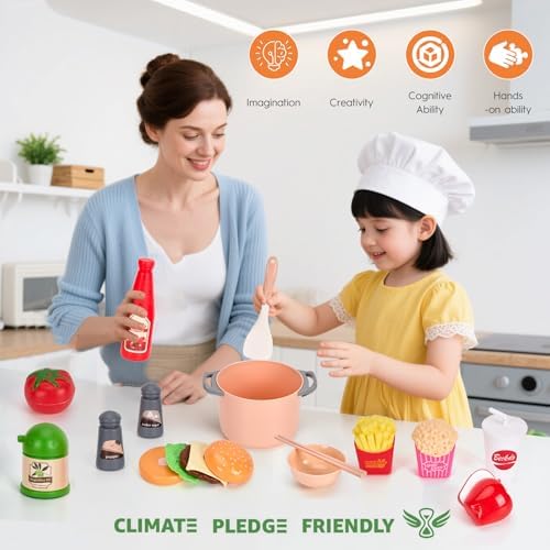 130Pcs Kitchen Playset, Toddler Pretend Cooking Play Pots, Pans, Utensils Cookware, Daily Food Fruit Veges, Shopping Storage Basket, Dessert, Prop Money, Learning Gift for Child (Pink)