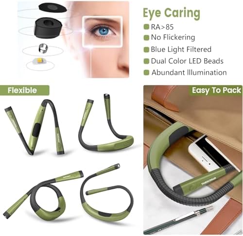 Glocusent Book Light, 3-Color & 6-Brightness Reading Light, Bendable Neck Light, 80-hr Lasting Rechargeable Lamp, Perfect Book Light for Reading in Bed, Knitting, Camping, Repairs(Green)