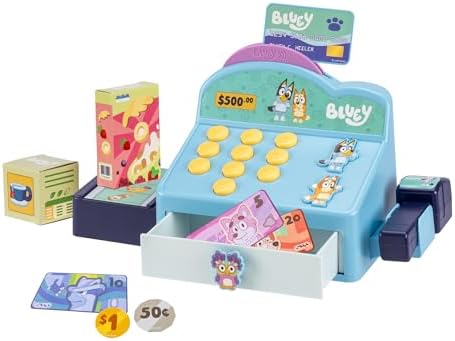 Bluey Cash Register. Press The Buttons to Hear Beeps, Sounds and Phrases from Bluey and Bingo |Use The Scanner to Scan Packages and Pretend to Run a Shop | Includes Toy Credit Card and Dollar Bucks!