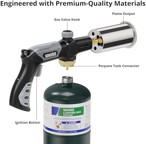 Sondiko Powerful Grill & Cooking Propane Torch L8010, Sous Vide, Campfire Starter, Adjustable Wood Torch Burner for Searing Steak, BBQ, Welding(Black, Grey) Propane Tank Not Included