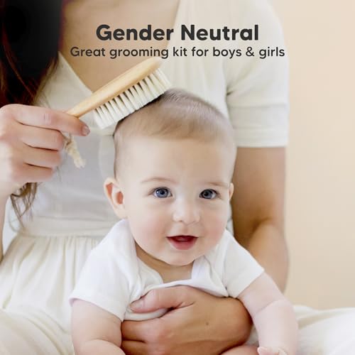 Baby Hair Brush and Comb Set for Newborn - Wooden Baby Hair Brush Set with Soft Goat Bristle, Baby Brush Set for Newborns Baby Brush and Comb Set Girl, Boy, Toddler Cradle Cap Brush (Oval, Walnut)