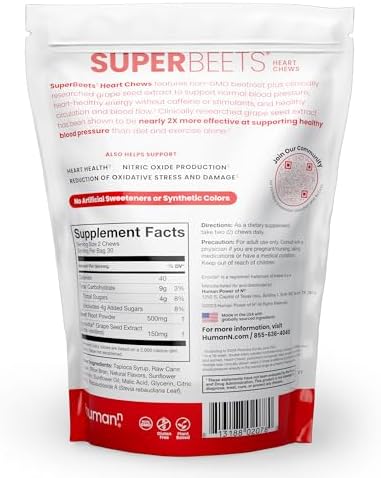 HumanN SuperBeets Heart Chews, Nitric Oxide and Blood Pressure Support, Grape Seed Extract & Non-GMO Beet Root Powder Energy Supplement, Pomegranate Berry Flavor, 60 Count