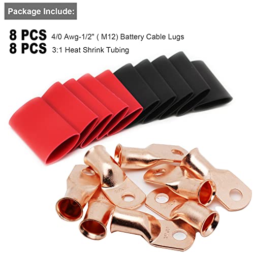 TKDMR 8pcs 4/0 AWG-1/2 Battery Lugs,Heavy Duty Wire Lugs,Ring Terminals,Battery Cable Ends,0 Guage terminals,Battery Terminal Connectors with 8pcs 3:1 Heat Shrink Tubing