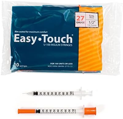 Easy Touch U-100 Insulin Syringe with Needle, 27G 1cc 1/2-Inch (12.7mm), Box of 100