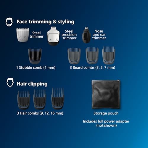 Norelco Philips Multi Groomer - 13 Piece Mens Grooming Kit for Beard, face, Nose, and Ear Hair Trimmer and Hair Clipper - NO Blade Oil Needed, MG3740/40