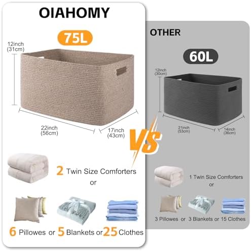 OIAHOMY 75L Large Blanket Basket, Woven Blanket Storage Basket with Handle, Cotton Rope Basket for Organizing 22”x17”x12”, Blanket Basket living Room, Toy Basket for Nursery, Brown variegated