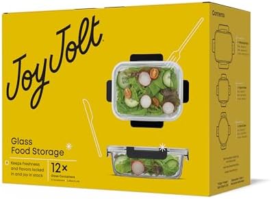 JoyJolt 24pc Borosilicate Glass Storage Containers with Lids | 12 Airtight/Freezer Safe Food Storage Containers for Pantry and Kitchen | Meal Prep Container for Lunch | Glass Tupperware Set