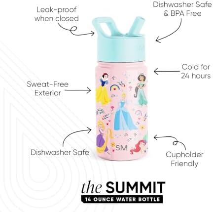 Simple Modern Kids Summit Water Bottle with Straw Lid | Disney Princess 14oz Stainless Steel Cup Insulated Tumbler for Girls, School | Princess Rainbows