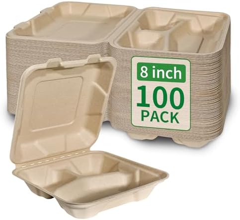 Aricsen Compostable 100 Pack 8x8 Inch 3 Compartment Takeout Lunch Box Containers with Lid To Go Take Out Clamshell for Food, Disposable Eco-Friendly Biodegradable Bagasse, PFAS-Free, Unbleached Brown