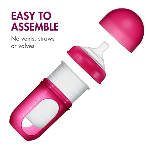 Boon Nursh Reusable Silicone Pouch Baby Bottles - Medium Flow Nipple - Silicone Baby Bottle Pouch and Nipple - Baby Feeding Essentials - Pink - 3-6 Months - 3 Count - 8 Ounce